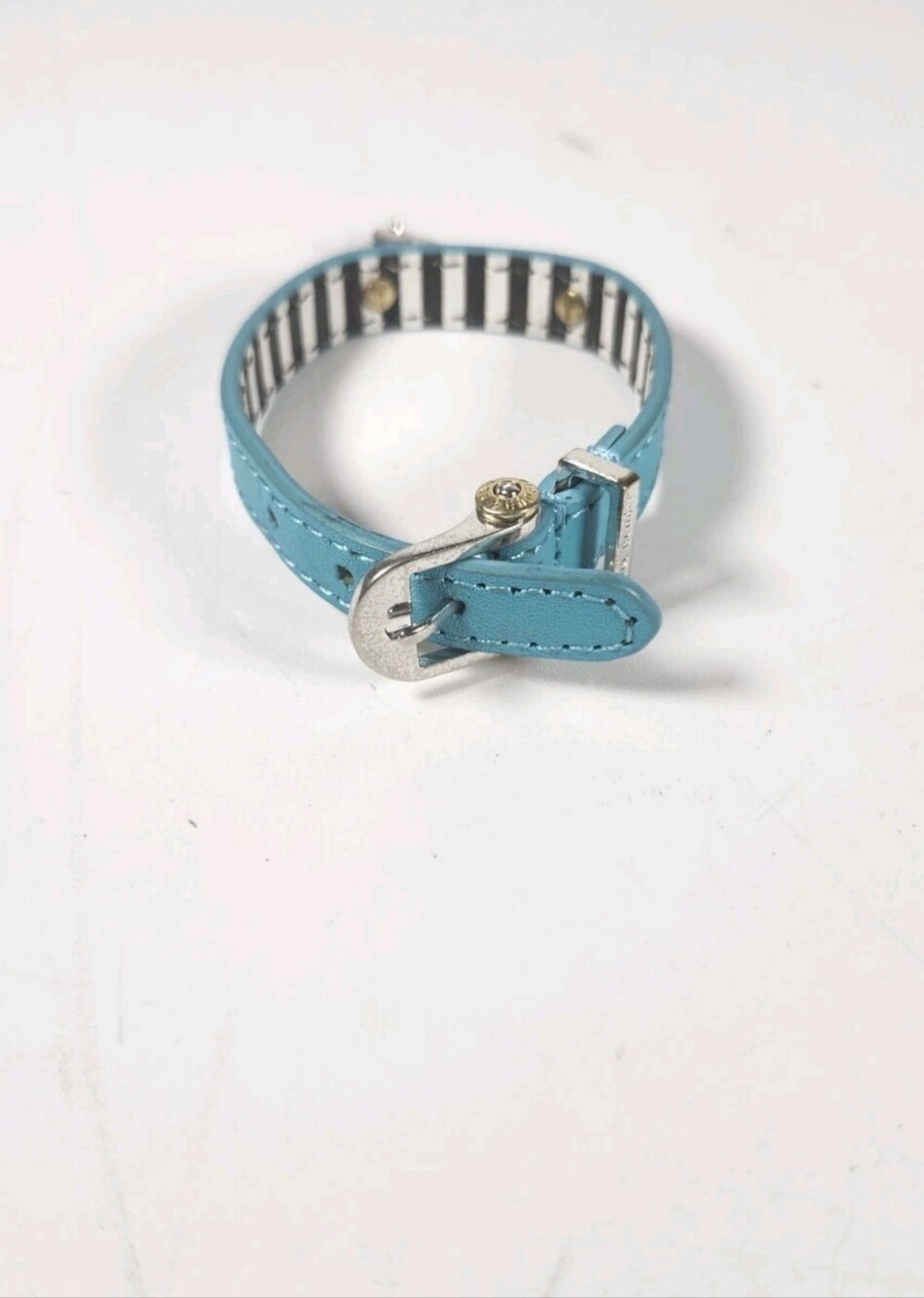 Henri Bendel Vintage Silver Tone Leather Lock Logo Bracelet Turquoise Blue - Picture 5 of 16